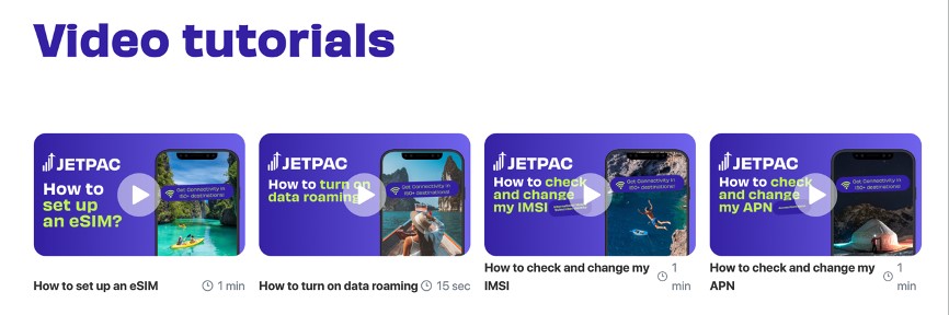 screenshot of the Jetpac website showing all the different video tutorials available to help you set up your eSIM