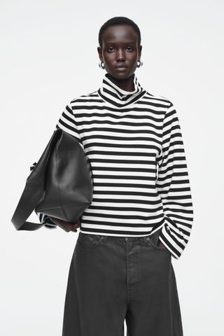 Funnel-Neck Striped Long-Sleeved T-Shirt