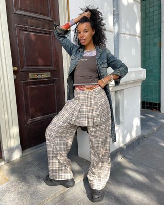 Influencer wears skirt trousers.