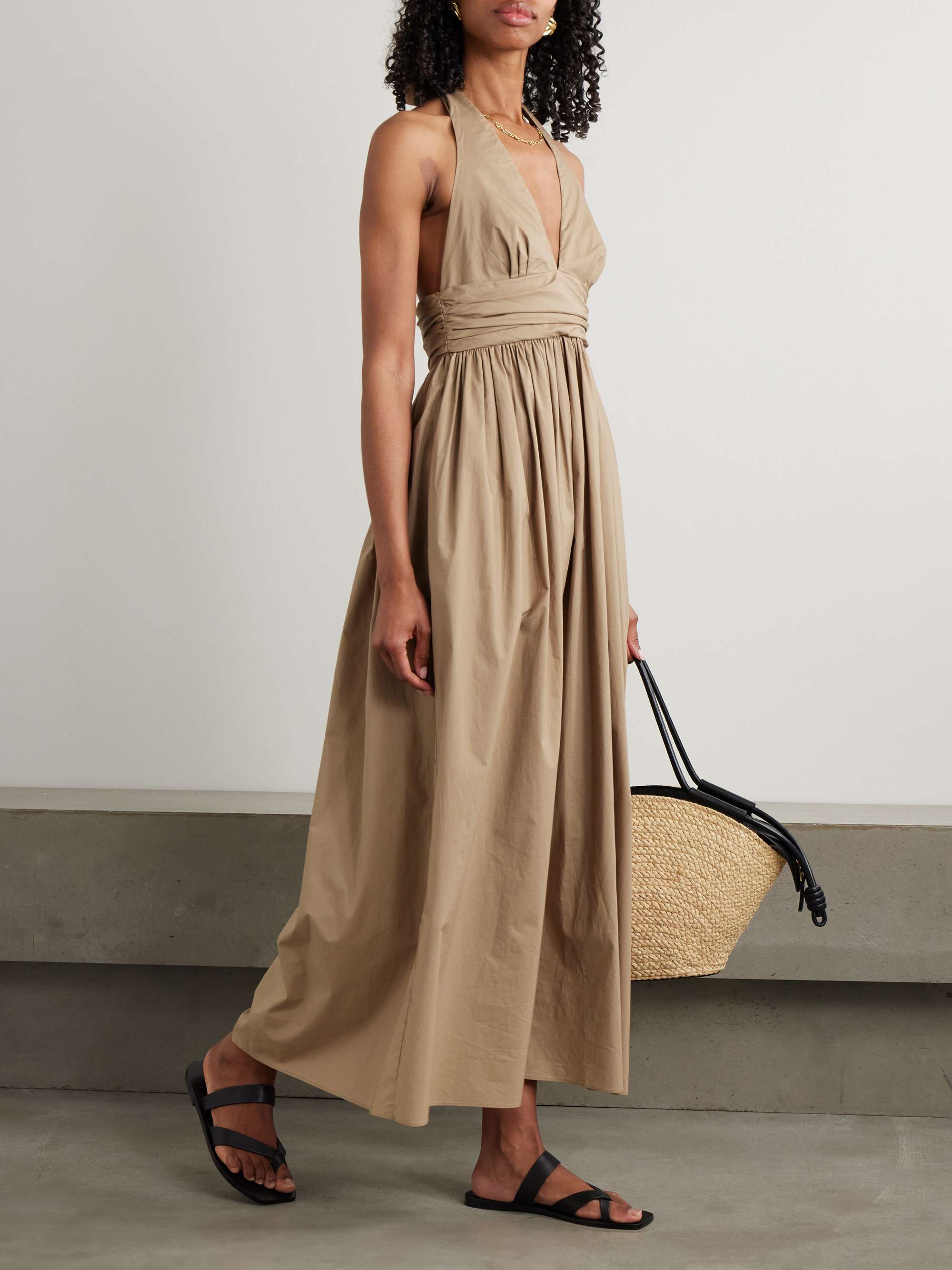 Gathered Organic Cotton-Poplin Halterneck Maxi Dress