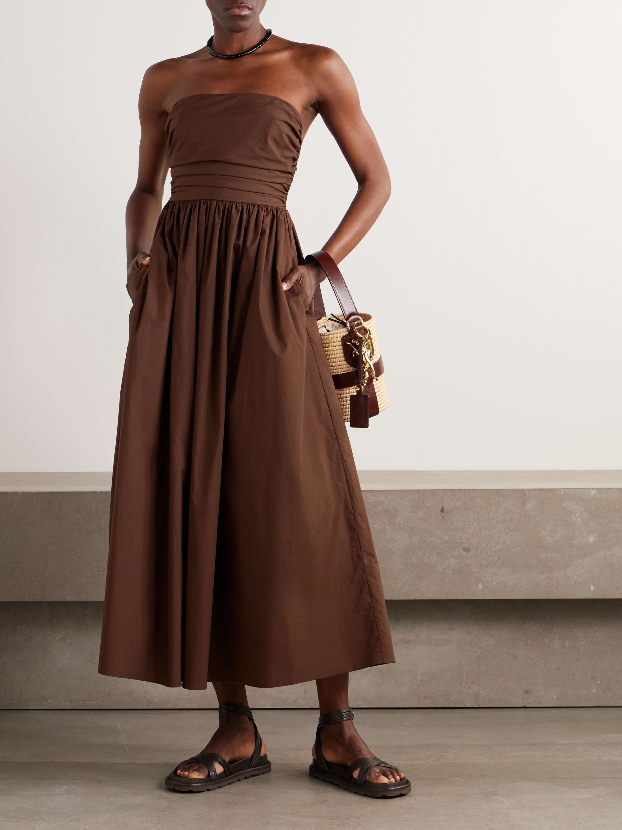 Strapless Gathered Organic Cotton-Poplin Midi Dress