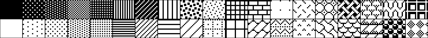all 38 patterns in a 2x19 grid
