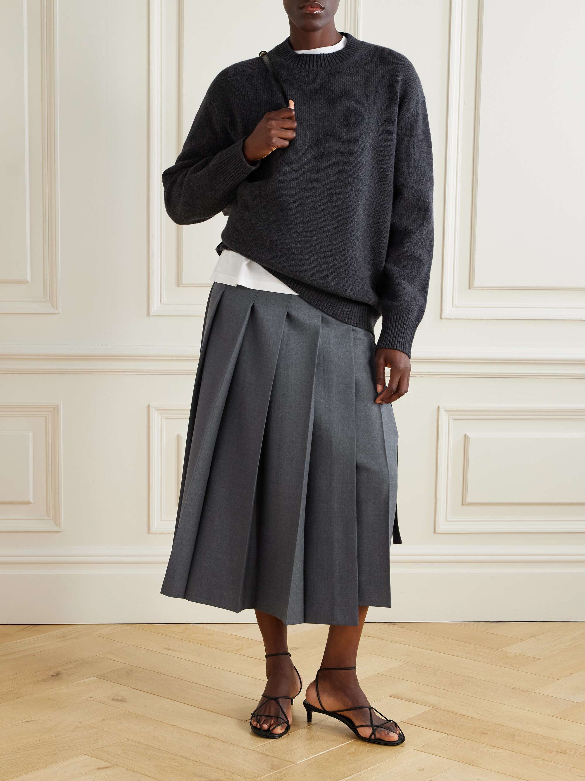 Pleated Twill Midi Wrap Skirt