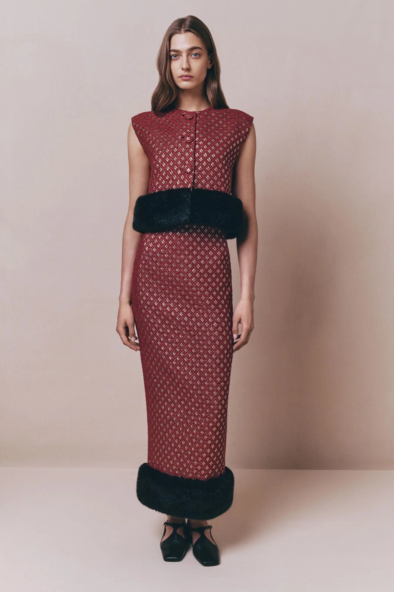 Destree, Burgundy &amp; Gold Buttonned Wool Sleeveless Vest