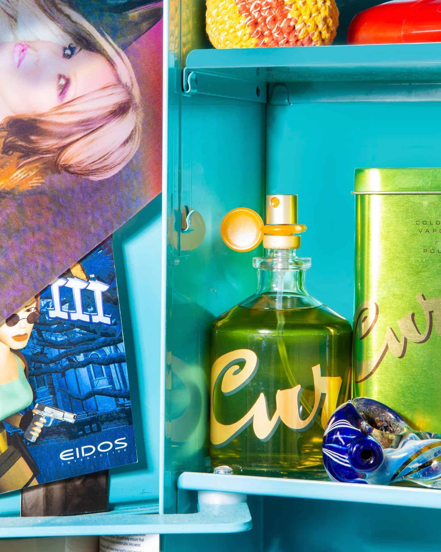 a bottle of curve cologne for men in a locker