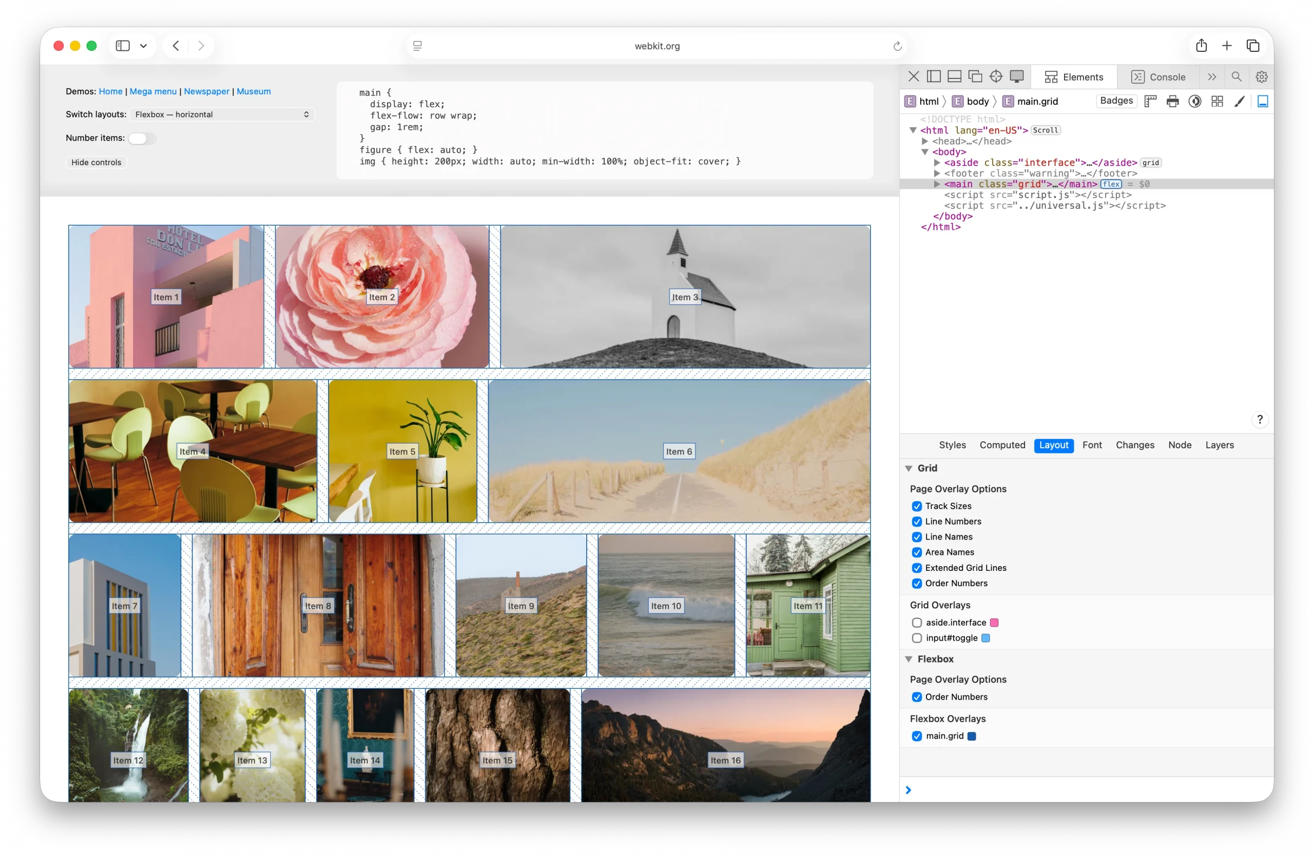 Web browser showing photo layout — this time a Flexbox layout. The Web Inspector is open to the Layout tab, and the Flexbox Inspector is enabled. The lines of the layout are marked with dotted lines... and each item is labeled with its order. 